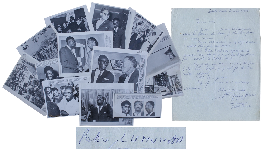 Patrice Lumumba Autograph Letter Signed Shortly Before His Brief Tenure as Congolese Prime Minster & Subsequent Execution -- With 13 Press Photographs From 1960